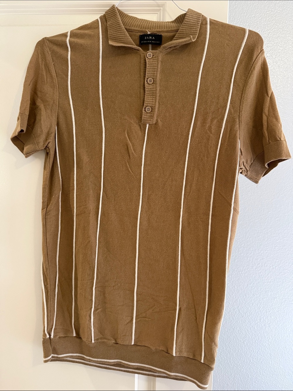 ZARA Men's Tan Polo with White Vertical Stripes